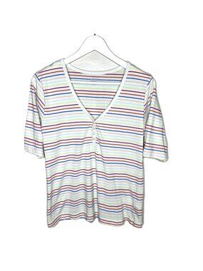 Lands End Retro-Style White Striped V-Neck Henley T-Shirt, 3/4 Sleeves, Small
